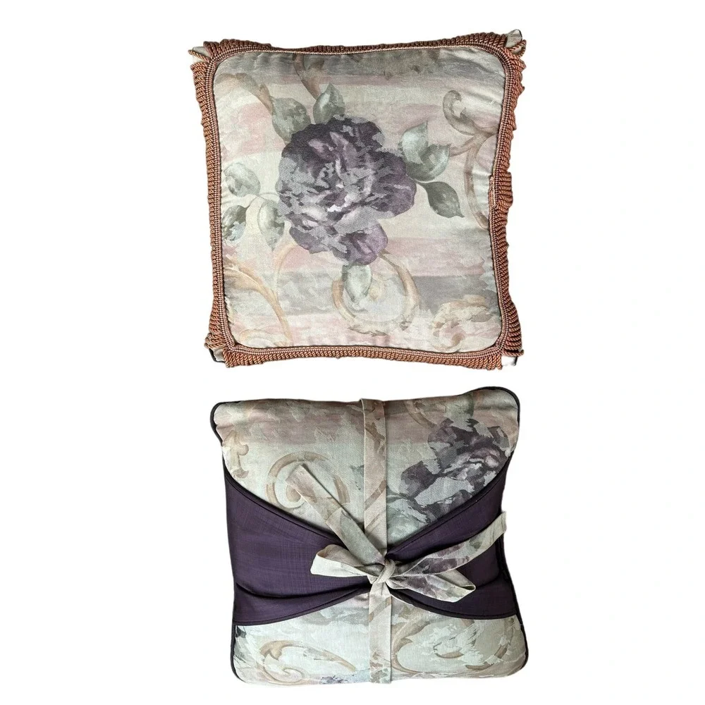 Vtg Croscill Throw Decor Pillow Set Chambord Cassis‎ Purple Floral Fringe